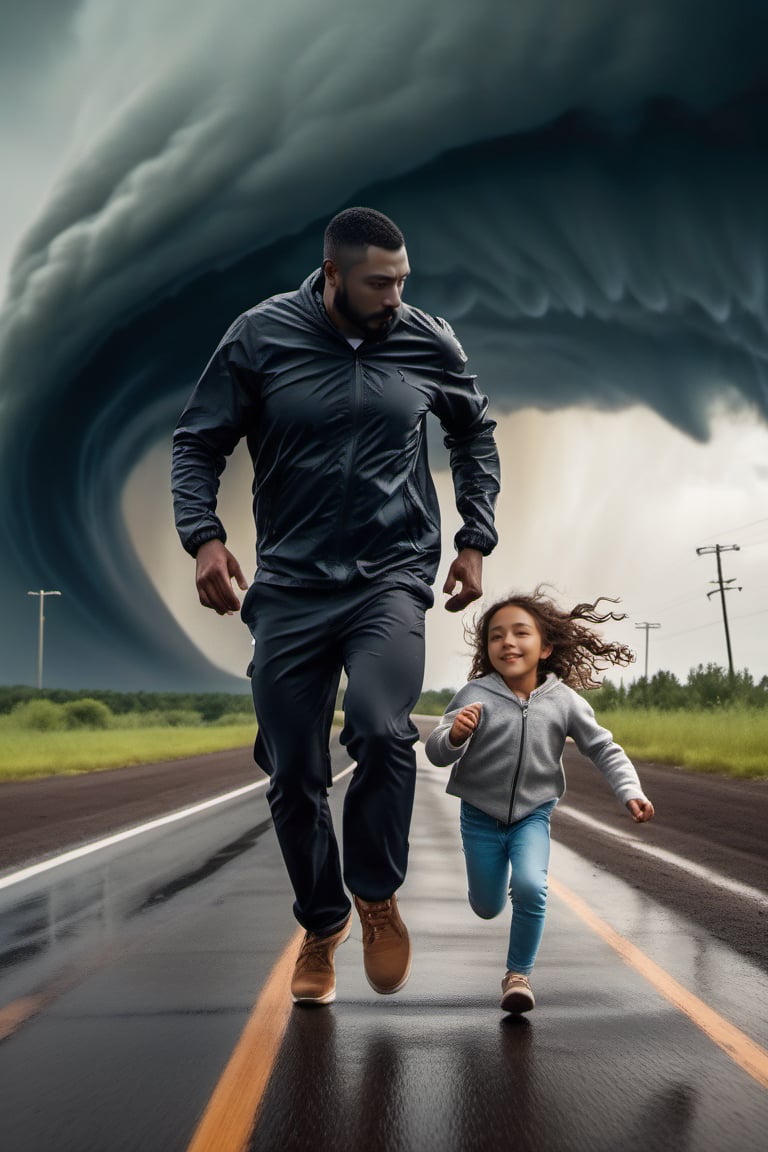 (((Father and tiny daughter are running away form  a black giant tornado))),((perfect anatomy)),
 (detailed background),high_resolution, ((masterpiece)), cinematic photo raw photo 4k gopro4 shot, ultra detailed, realistic, photo realistic, professional photo shooting,highly detailed,((overcast sky)), Hollywood style