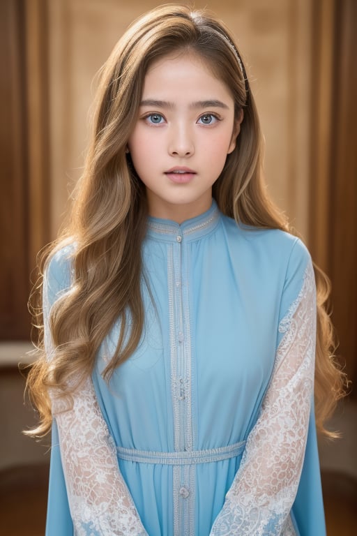 A girl(8 years old,blond_hair,long_curly_hair,oval face, broad forehead,smart eyebrow,((round blue eyes)),beautiful nose ,((rosy cheeks )),(bright skin tone ),sexy lips,fully_clothed,(((perfect anatomy)), girl wearing islamic clothes, look at straight),full-body_portrait,(((jesus cross in background))), ghostly scenes, (((detailed background))),high_resolution, (masterpiece), cinematic photo raw photo 4k gopro4 shot, ultra detailed, realistic, photo realistic, professional photo shooting