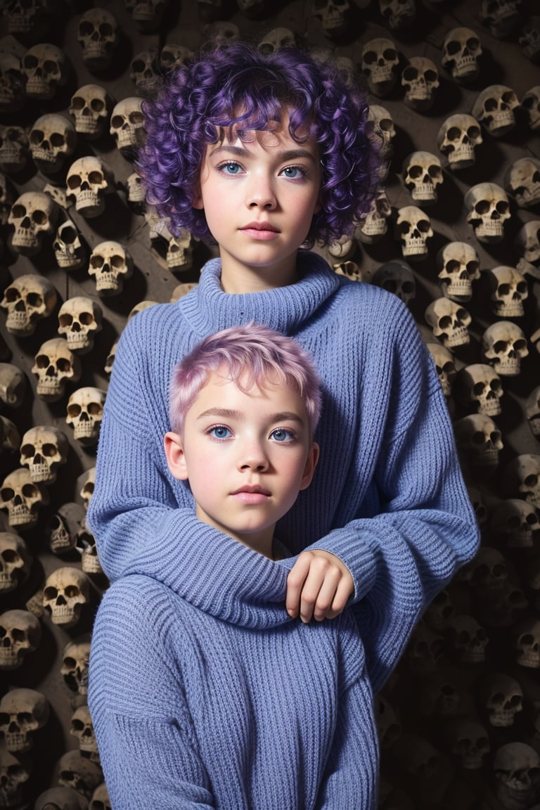 A cyborg kid(light_purple_hair,short_curly_hair,oval face, broad forehead,smart eyebrow,((round blue eyes)),beautiful nose ,((rosy cheeks )),(bright skin tone ),sexy lips,big_boobs,(((perfect anatomy)),wearing blue sweater,wearing short jeans, look at straight),full-body_portrait,((wall of skulls in background)), ghostly scenes, detailed background),high_resolution, (masterpiece), cinematic photo raw photo 4k gopro4 shot, ultra detailed, realistic, photo realistic, professional photo shooting