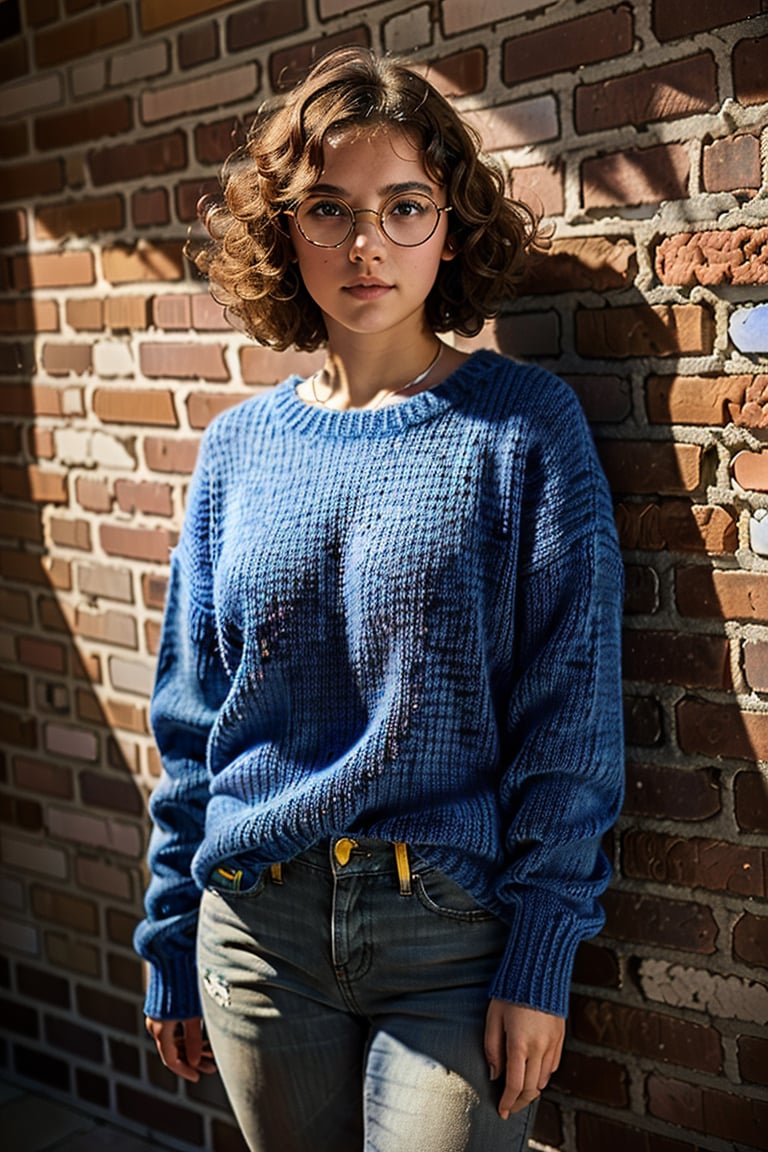 A girl(fashion glasses,15 years old, light_blone_hair,short_curly_hair,oval face, broad forehead,smart eyebrow,((round blue eyes)),beautiful nose ,((rosy cheeks )),(bright skin tone ),sexy lips,big_boobs,(((perfect anatomy)),wearing  short yellow sweater,wearing short jeans, look at straight),full-body_portrait,((wall of old bricks in background)), ghostly scenes, detailed background),high_resolution, (masterpiece), cinematic photo raw photo 4k gopro4 shot, ultra detailed, realistic, photo realistic, professional photo shooting