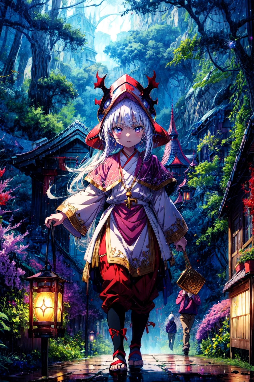 anime artwork (by kame 3:0.6), (by kemokin mania:0.4), outdoor, mystic wood, night, glowing, holding lantern BREAK nanachi, narehate, white hair, horned helmet, headdress, bottomless,   dwarf . anime style, key visual, vibrant, studio anime, highly detailed