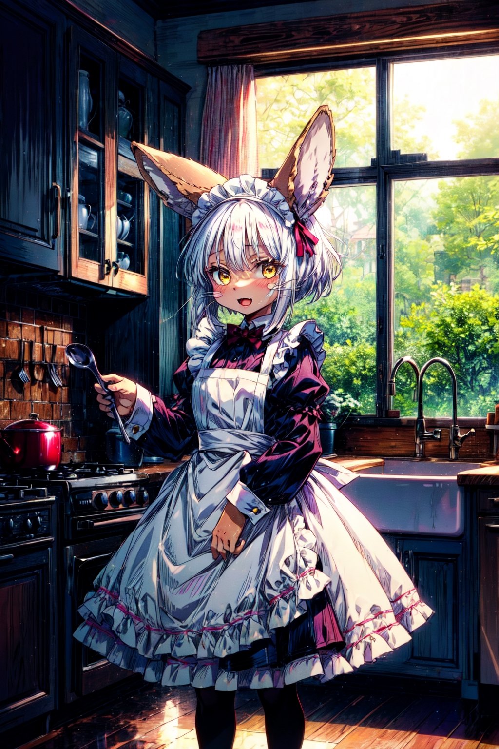 1girl, solo, furry, fluffy, brown fur, short hair, nanachi \(made in abyss\), animal ears, tail, yellow eyes, maid, apron, puffy sleeves, long sleeves, maid headband, :3, open mouth, standing, looking at viewer, kitchen 