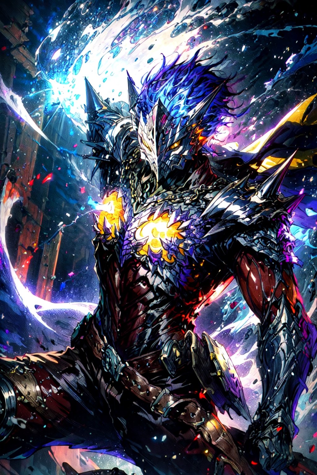 masterpiece,best quality,highres,cinematic lighting,dramatic angle,1boy,armor,maskedform,helmet,blue fire,holding sword,looking at viewer,,teeth,spikes,fangs,glowing yellow eyes,showing strength,ghost,souls,action pose,dynamic pose,dynamic angle,