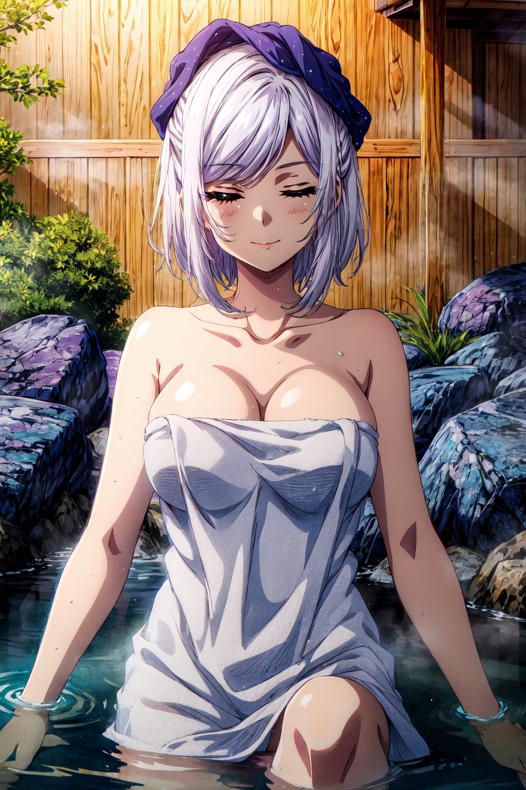 (masterpiece), high quality, highly detailed background, 1girl, solo, , ChopioAlexia, white hair, swept bangs, looking at viewer, outfit_4, nude, towel on head, short hair, white towel, large breasts, nsfw, onsen, bath, partially submerged, steam, eyes closed, seductive smile,