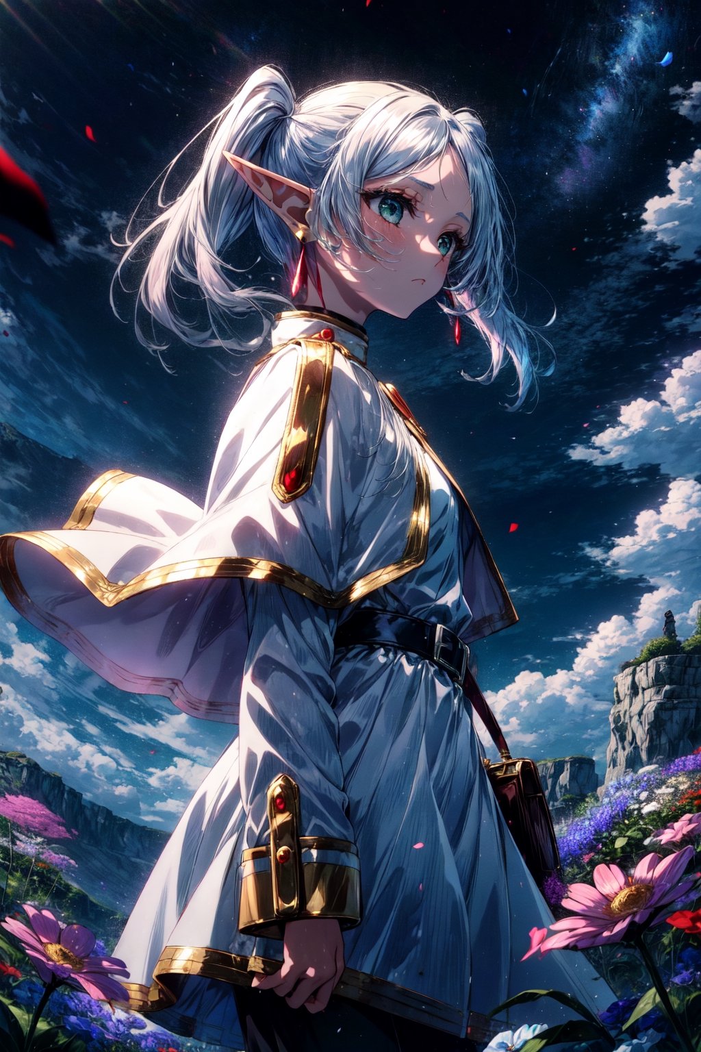 masterpiece, best quality, 1girl, frieren, long hair, pointy ears, twintails, parted bangs, elf, jewelry, earrings, capelet, white capelet, long sleeves, dress, belt, flower, expressionless, standing, looking afar, cliff, wind, from side, cowboy shot
