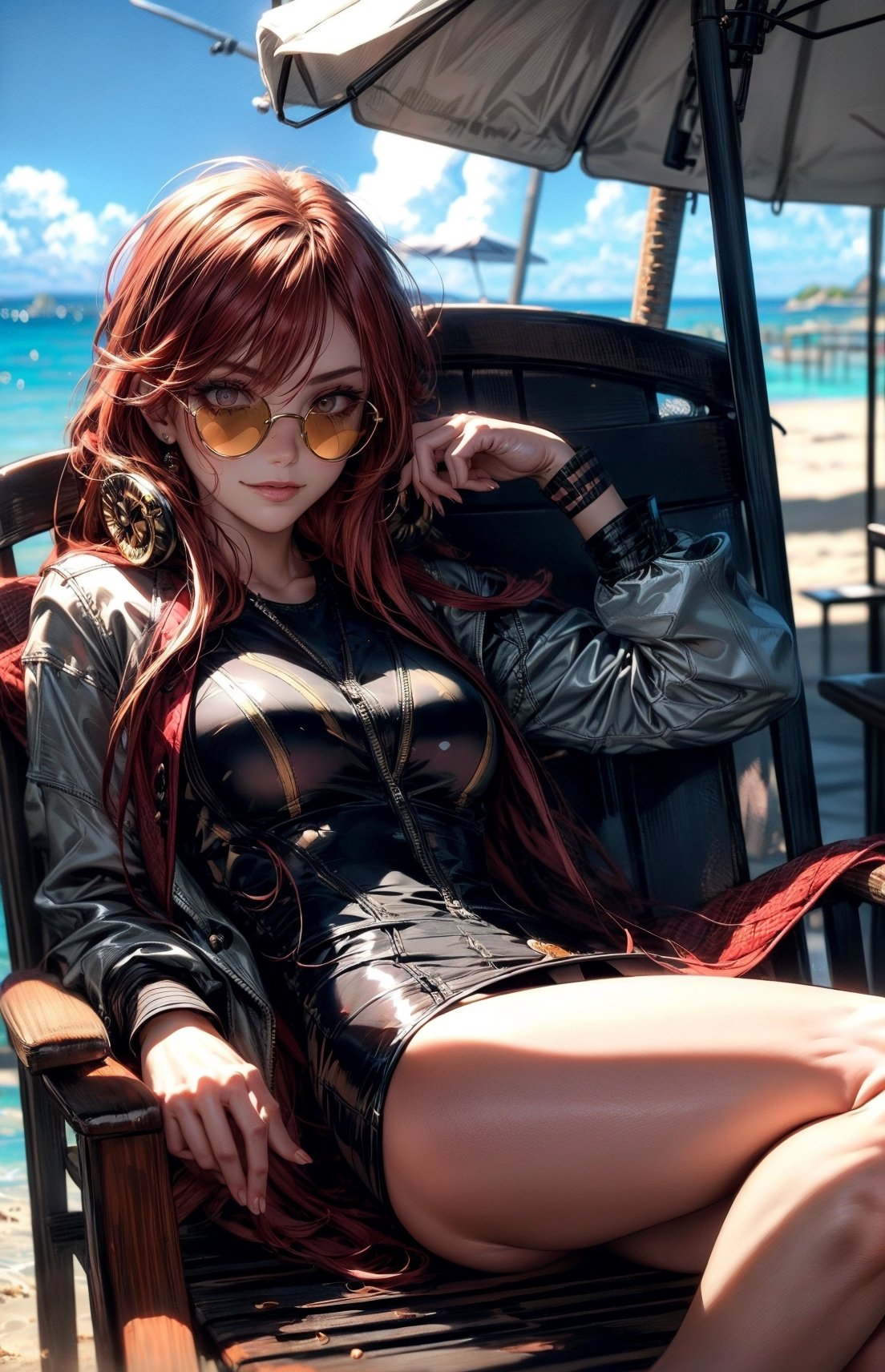 masterpiece,best quality,1girl,MaouNobu,red hair,long hair,smirk,sunglasses,slingshot swimsuit,lying,beach chair,beach,sunlight,,