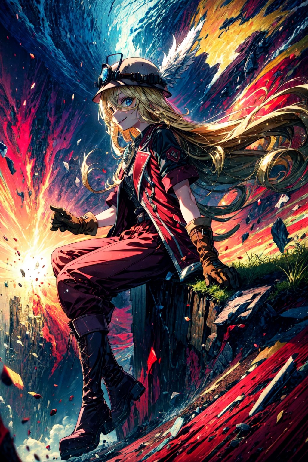 masterpiece, best quality, highres, 1girl very long hair blonde hair curly hair, red jacket helmet whistle short sleeves brown gloves red pants hat feather boots  sitting, floating hair, from side, looking at viewer, cliff, smile