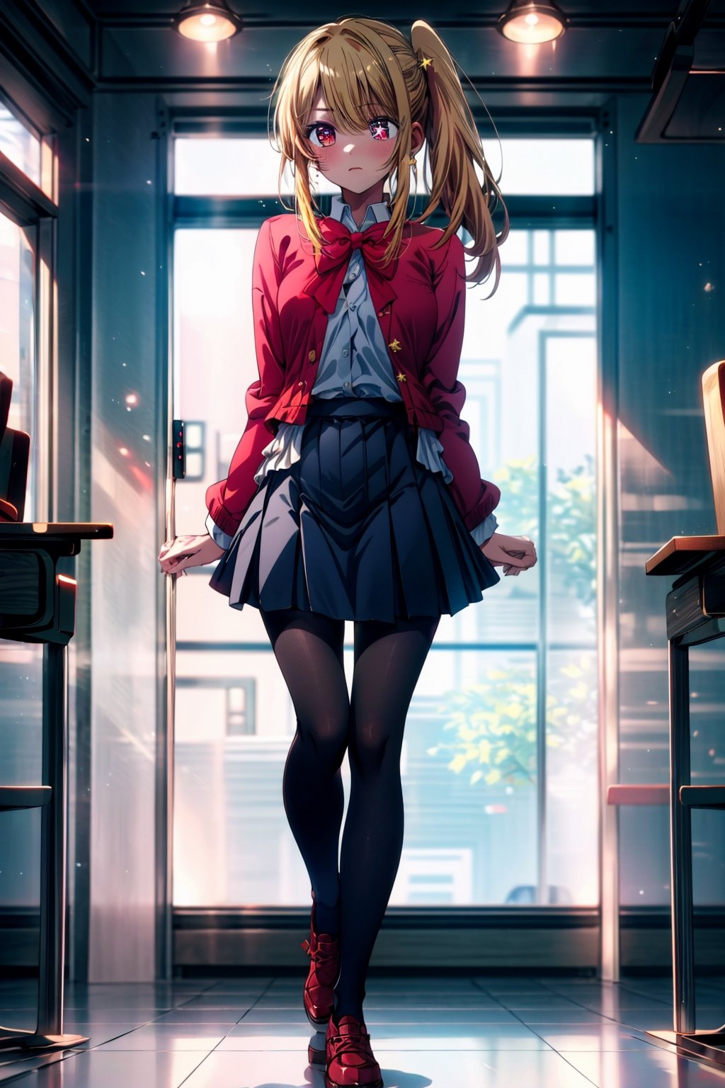 1girl, solo, , Hoshino Ruby, long hair, blonde hair, bangs, blush, red eyes, symbol-shaped pupils, (left star-shaped pupils:1.2), sparkling eyes, (star in left eye:1.2), symbol in eye, side ponytail, school uniform, red bowtie, blue jacket, gray pleated skirt, white legwear, brown footwear,,學校/學園|(School / Academy:1.3), (masterpiece:1.2), highres, best quality, 8k, very clear,