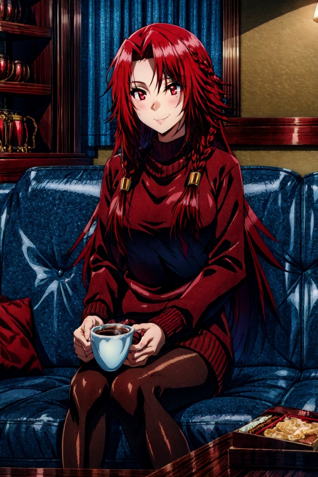 masterpiece, best quality, IrisMidgarV4, 1girl, solo, long hair, red eyes, braid, red hair, long sweater, pantyhose, sitting, indoors, smile, holding, cup, coffee, couch,