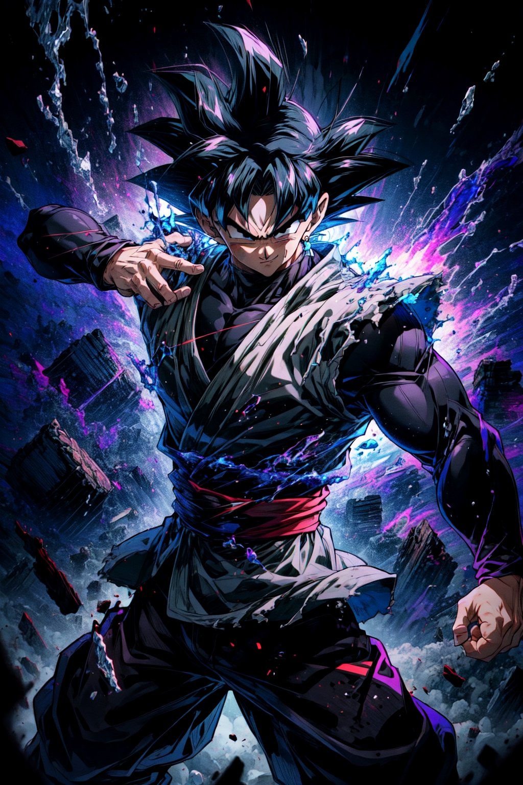 ((masterpiece, best quality)),(complex light),absurdres, highres, 1boy,solo,fighting stance, goku black,black hair,black eyes,blue fire destroyed debris background,smirk,