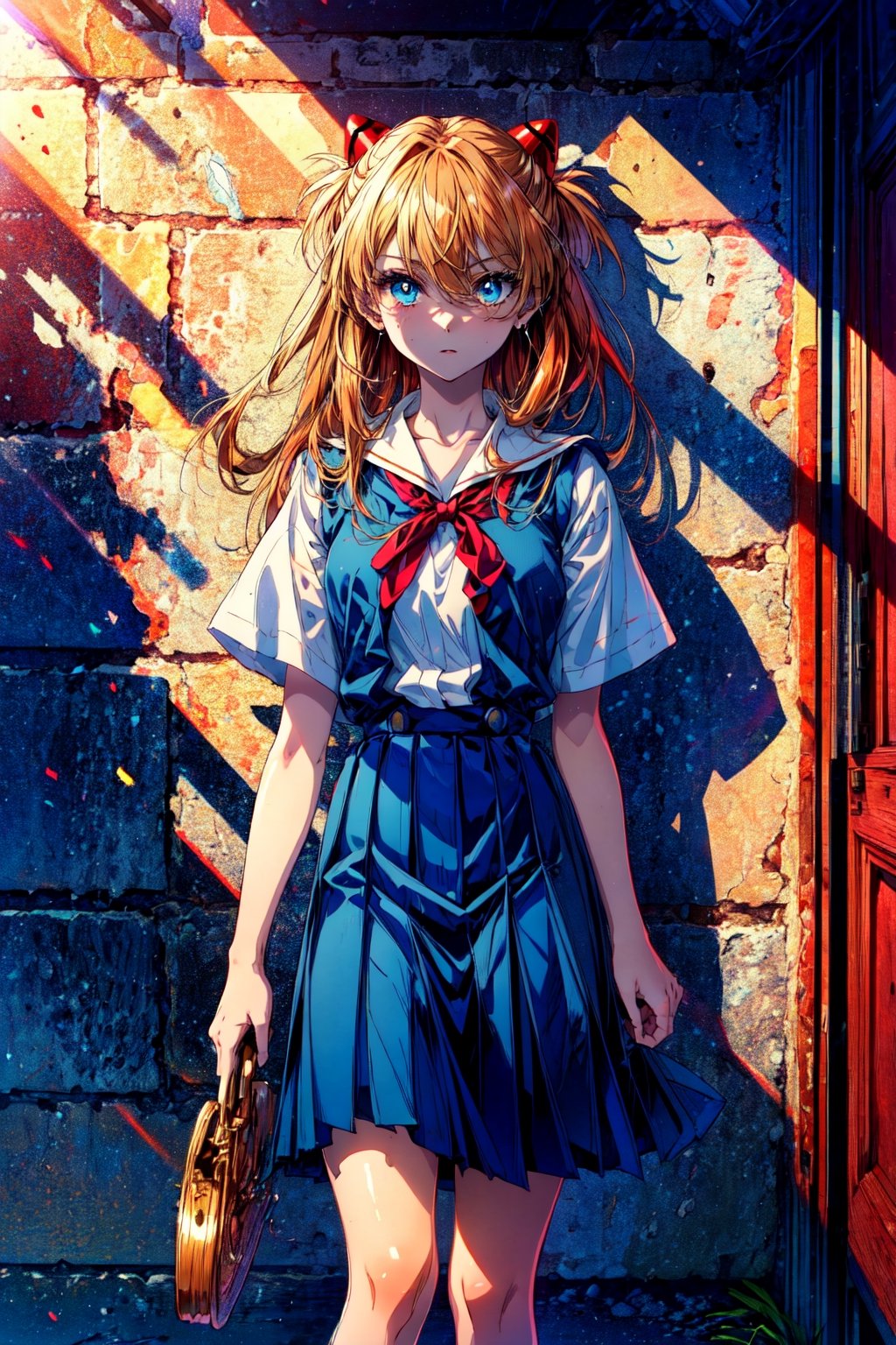 (masterpiece, 4k, 8k, ultra hires, exremely detailed, good shadow, good light, deep shadow, unreal, high resolution, ultra detailed, best quality, ultra high res, visually stunning, beautiful, award-winning art, best quality, stunningly beautiful:1.2),,(souryuu asuka langley),interface headset,suspender skirt,red ribbon,white shirt,(school uniform),socks,shoes,,1girl,orange hair,blue eyes,long hair,sunlight,detailed eyes,hair between eyes,messy hair,(cowboy_shot),