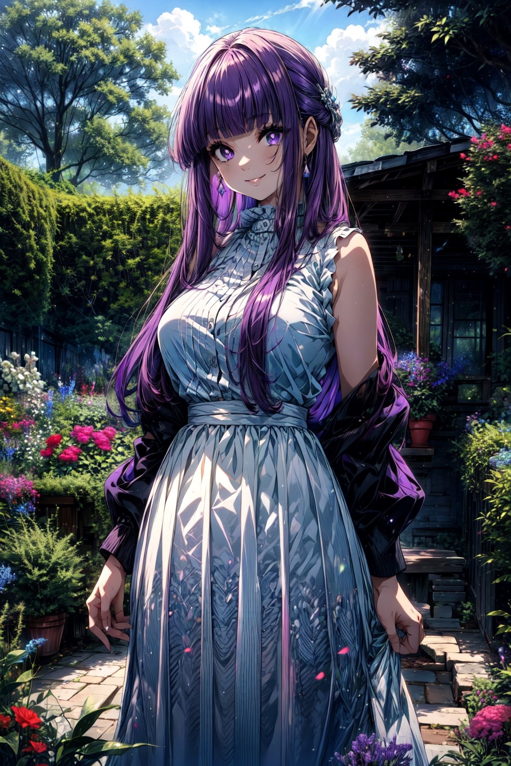 masterpiece, best quality, highres, aafern, long hair, purple hair, blunt bangs, purple eyes, large breasts, long dress, white dress, sleeveless, , standing, cowboy shot, garden, smile,