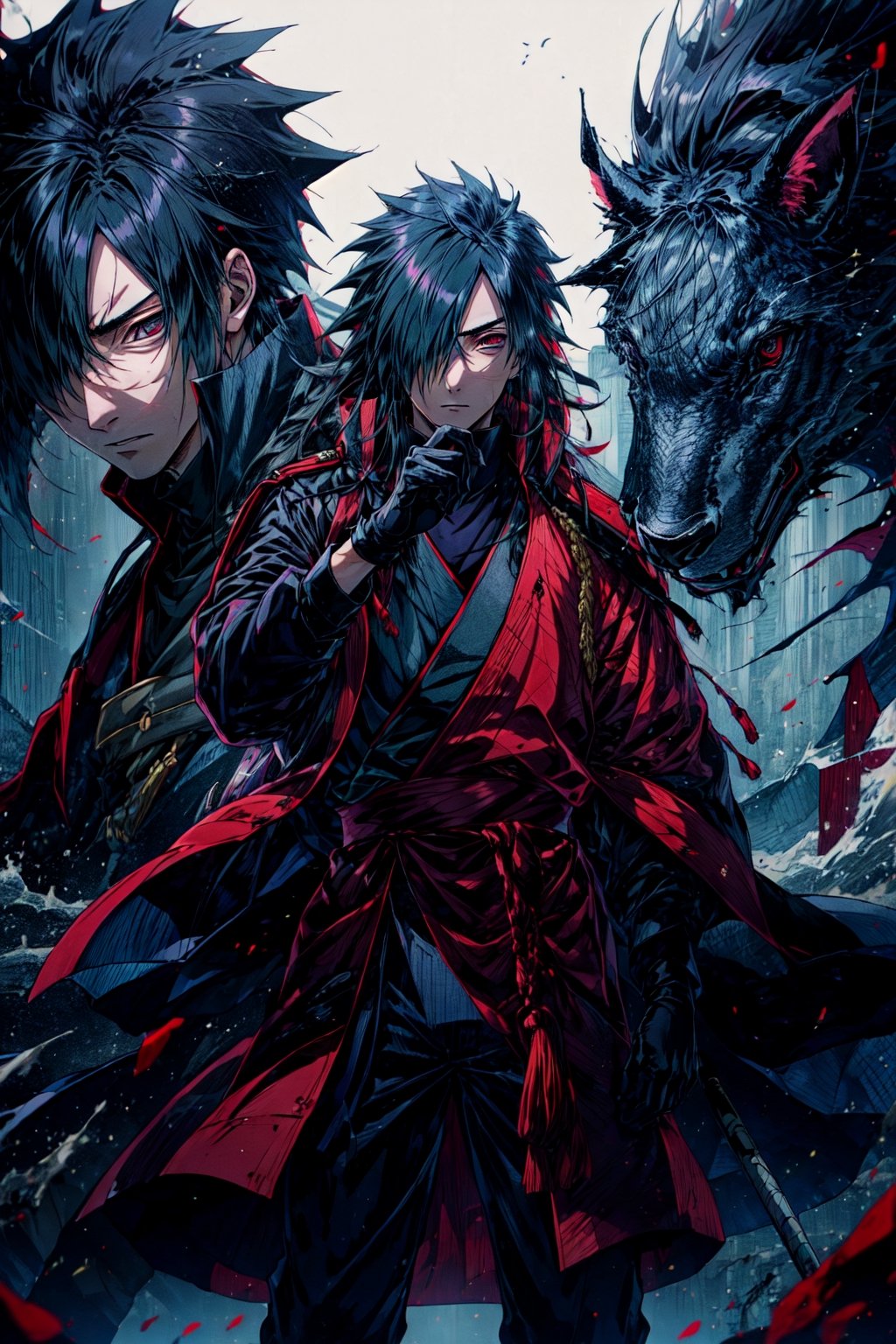 (masterpece:1.3),(best quality:1.3), 2 man,   uchiha madara, long hair, hair over one eye, japanese clothes, black gloves, 