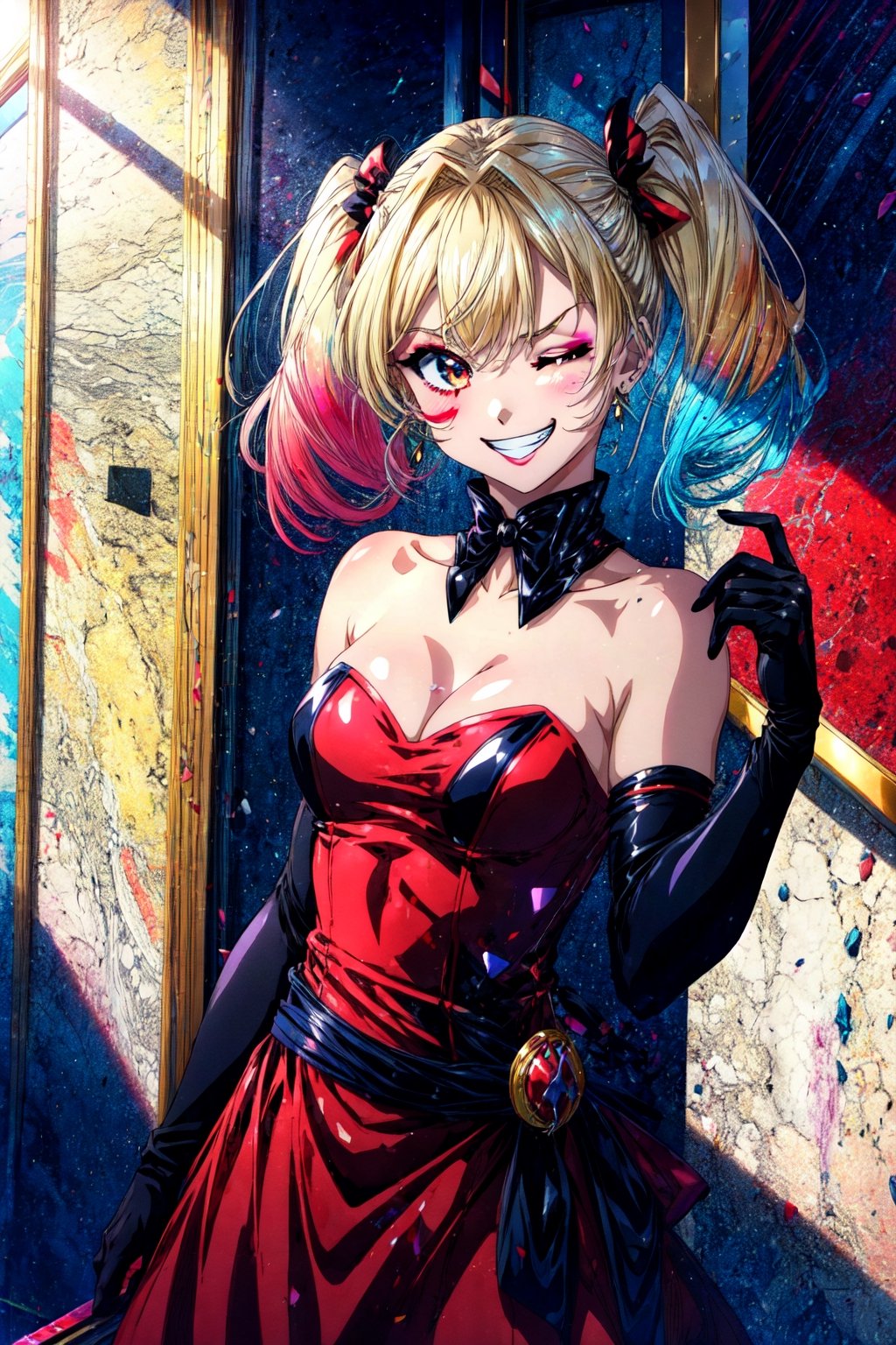 score_9, score_8_up, score_7_up, source_anime, solo, 1girl, isekaiharley, makeup, eyeshadow, grin, looking at viewer, double v, twintails, one eye closed, red dress, strapless dress, black gloves, elbow gloves, indoors 