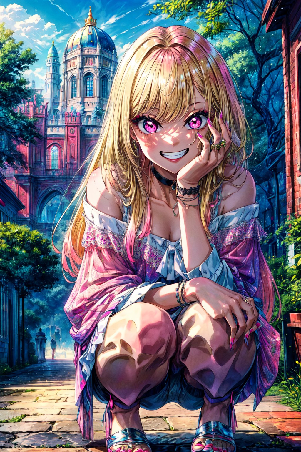 ((best quality)), ((highly detailed)), masterpiece, detailed face, beautiful face, , , (1girl), (solo), squatting, , , Marin Kitagawa, long hair, blonde hair, multicolored hair, pink eyes, fake nails, pink nails, grin, string choker, off-shoulder shirt, (outside, at a palace, noon)