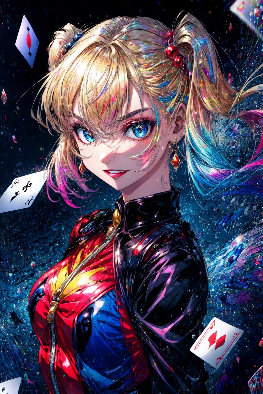 Prompt: character: Harley_Quinn, playful_expression, mischievous_glitter_in_her_eyes, BREAK, clothing: red_and_black_jester_outfit, colorful_harlequin_diamonds, BREAK, accessories: oversized_mallet, playing_card_props, BREAK, quality: vivacious, charismatic, unpredictable