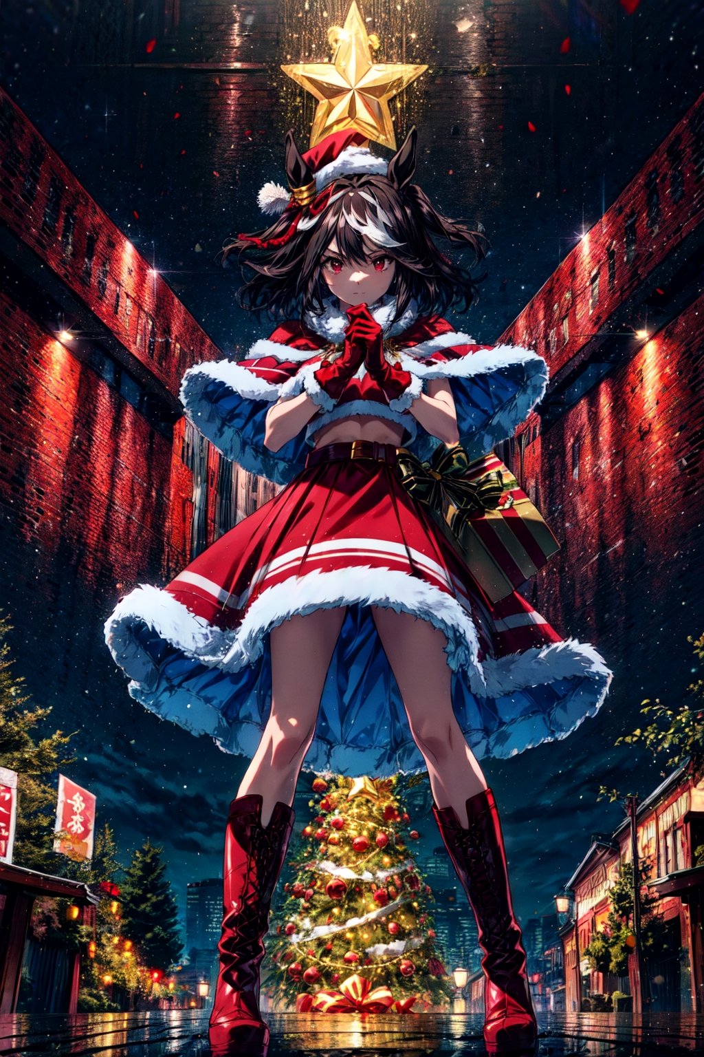 masterpiece, best quality, kitasan black \(umamusume\), santa costume, christmas, hair ornament, red headwear, crop top, red gloves, santa hat, belt, fur trim, red skirt, red capelet, fur-trimmed capelet, holding sack, fur-trimmed gloves, fur-trimmed boots, red footwear,