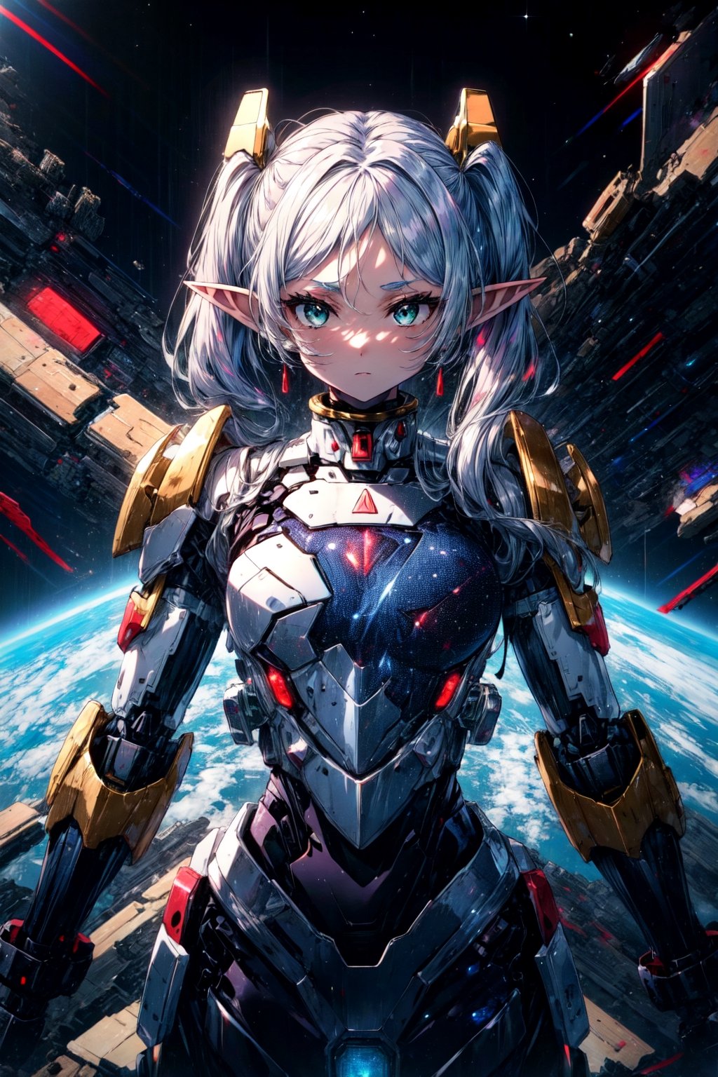 masterpiece,best quality,1girl,aafrie,[green eyes|blue eyes],long hair,white hair,twintails,pointy ears,thick eyebrows,flat chest,(chest armor),mecha musume,white theme,bodysuit,fortified suit,mechanical parts,robot joints,headgear,full armor,expressionless,looking at viewer,action pose,outer space,science fiction,,,,