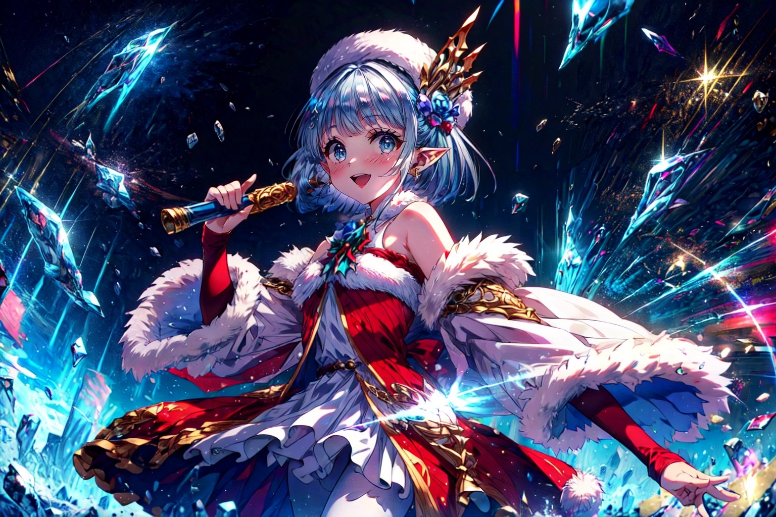 masterpiece,best quality,highres,cinematic lighting,dramatic angle,1girl,silver hair,hime cut,blue eyes,pointy ears,hair ornament,white and red dress,fur trim,thick coat,bare shoulders,elbow fingerless gloves,white pantyhose,layered dress,,happy,:d,looking at viewer,cowboy shot,LilyChristmas,holding ice as baton,concert,floating icele magical notes,headwear,CLOUD