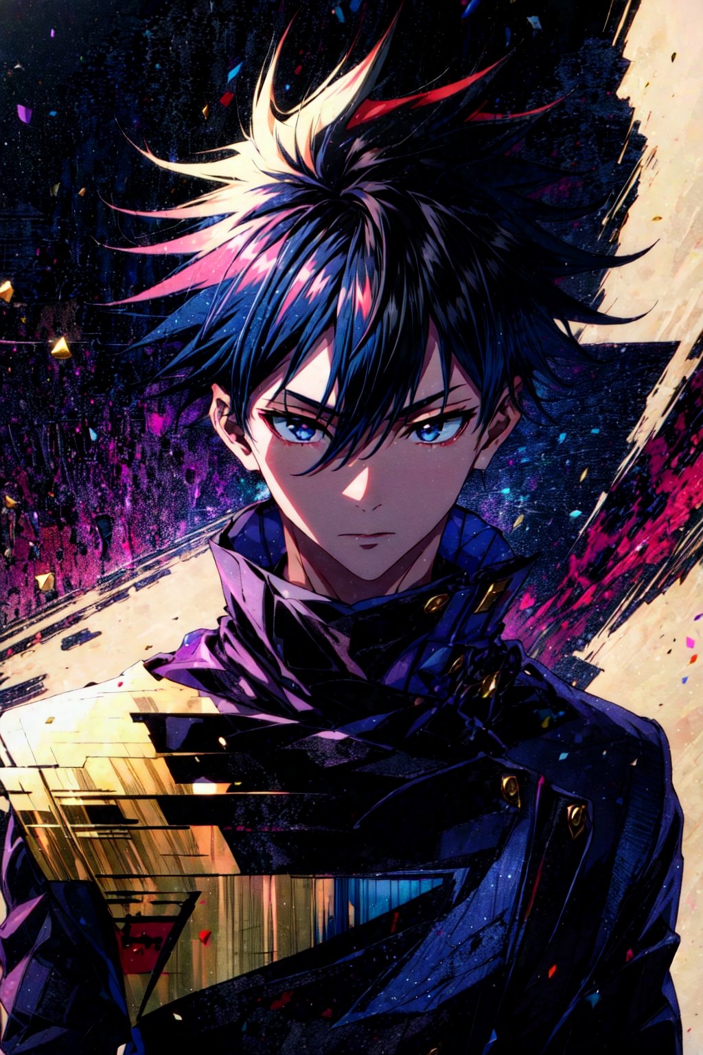 fushiguro megumi,1boy,solo,male focus,black hair,spiked hair,hair between eyes,upper body,