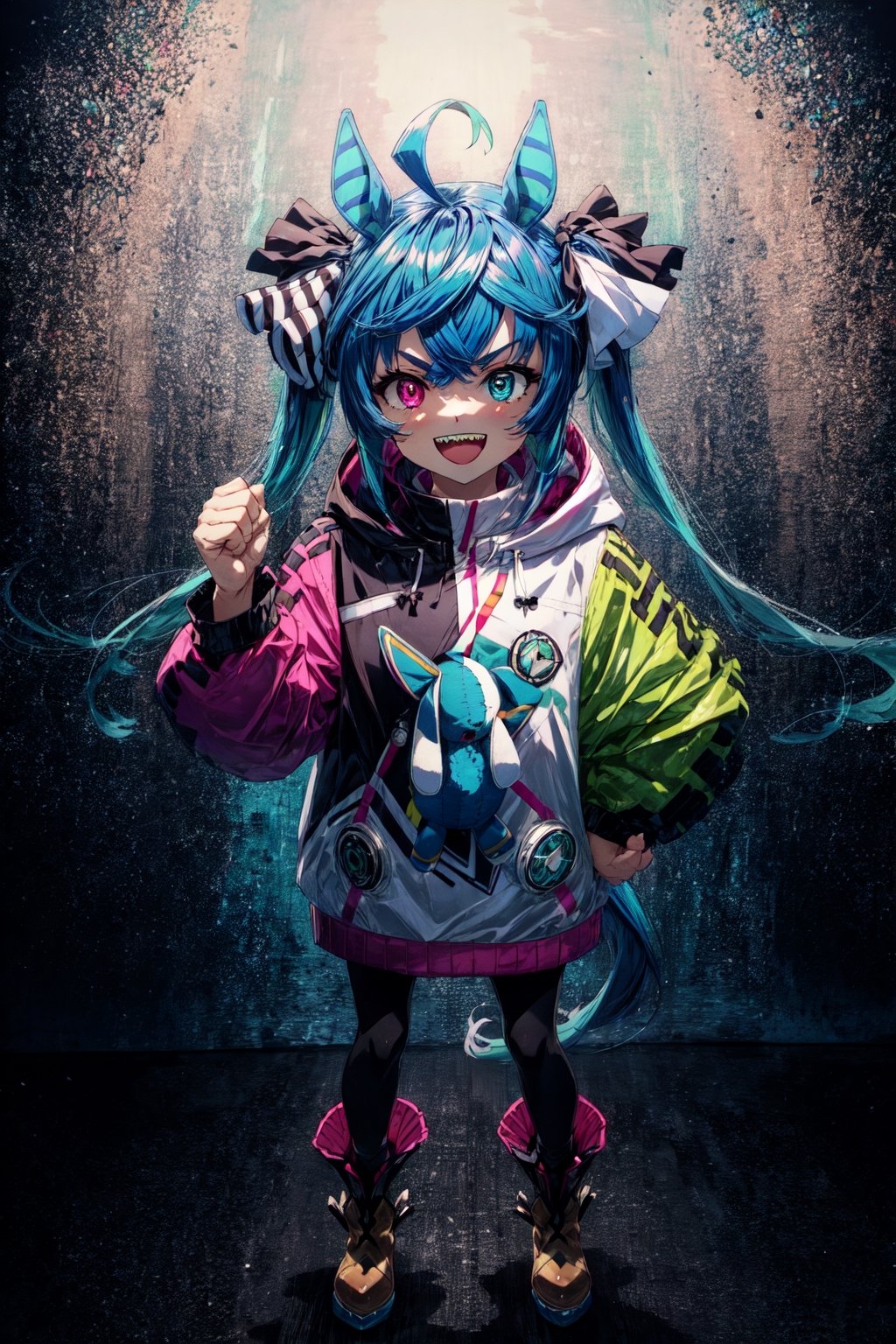 simple Background, Drop Shadow, Full Body, AATwin, Little Girl, Petite, Flat Chest, Heterochromia, @_@, V-Shaped Eyebrows, Smile, :d, Open Mouth, Sharp Teeth, Aqua Hair, Twintails, Crossed Bangs, Ahoge, Hair Ribbon, Hores Eares, Horse Tail, Hooded Coat, Hood Down, Layered Sleeves, Bodysuit, Stuffed Rabbit, Ankle Boots, Standing, Outstretched Arm, Arm, Up, Clenched Hands, Raised Fist, Looking At Viewer, Best Quality, Amazing Details, Brilliant Colorful Paintings 