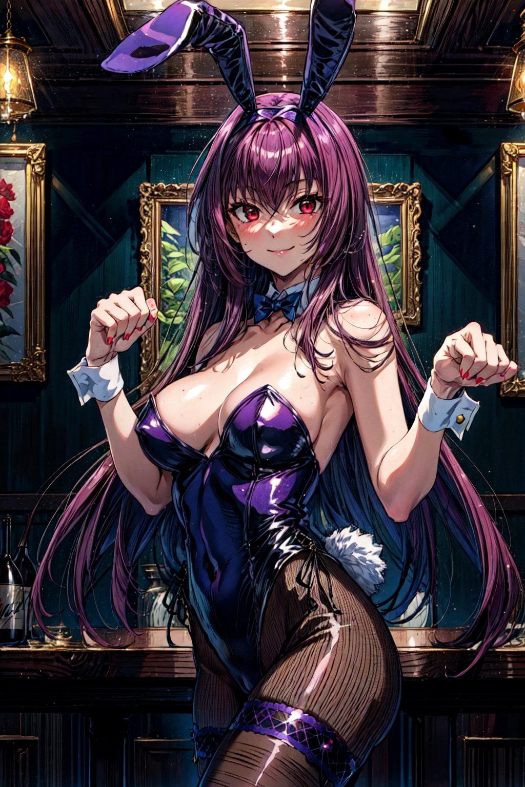 scathach, , (masterpiece, best quality:1.2), , cowboy shot, solo, 1girl, scathach \(fate\), playboy bunny, smile, closed mouth, looking at viewer, paw pose, fake animal ears, leotard, pantyhose