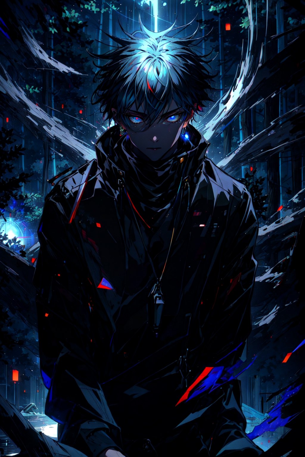 1boy, Megumi a man in a black coat and black pants, (masterpiece), best quality, highres, (realistic face:1.1), (hyperrealistic:1.3), 4k, 8k, Detailed Illustration, intricate detail, glowing particles, floating, cinematic lighting, sharp shadows, amazing quality, amazing shading, (symetrical:0.5), facing camera, ultra-detailed, black default_outfit , ((upperbody)), night, moon, full moon, detailed forest, detailed background, (outdoors:1.3), (dark_forest background:1.3), sitting,relaxed, blue eyes, looking at viewer, detailed eyes, detailed face, realistic,aura_power,Circle