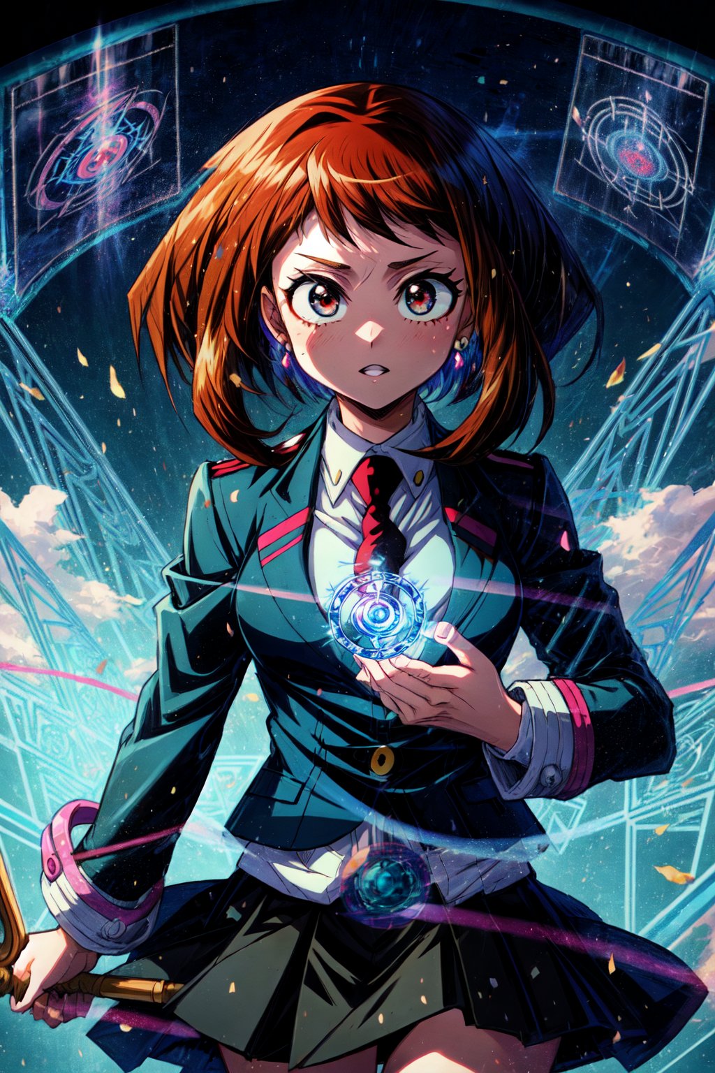 masterpiece, best quality, highres, long hair, school uniform, Blue_necktie, black jacket, open jacket, long sleeves, black skirt, , yugioh,illustration, ,hmochako, ochako uraraka, command spell, magic, magic circle,