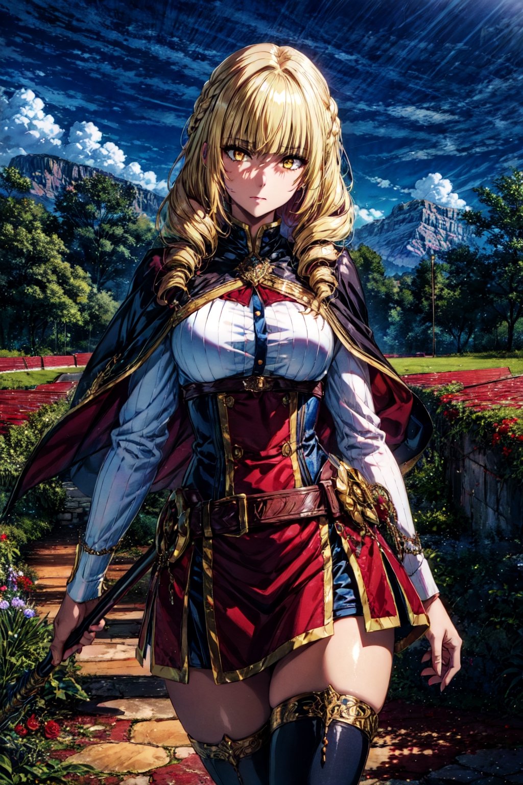 "long shot scenic professional photograph of masterpiece, best quality, (fantasy illustration:1.3), field, destruction field, wide hips, thighhighs, dress, cape, staff, looking at viewer, cinematic, spotlight, , perfect viewpoint, highly detailed, wide-angle lens, hyper realistic, with dramatic sky, polarizing filter, natural lighting, vivid colors, everything in sharp focus, HDR, UHD, 64K"",,", rose_oriana_(kage_no_jitsuryokusha_ni_naritakute!), (blonde hair:1.4), yellow eyes, drill hair, twin drills,CLOUD