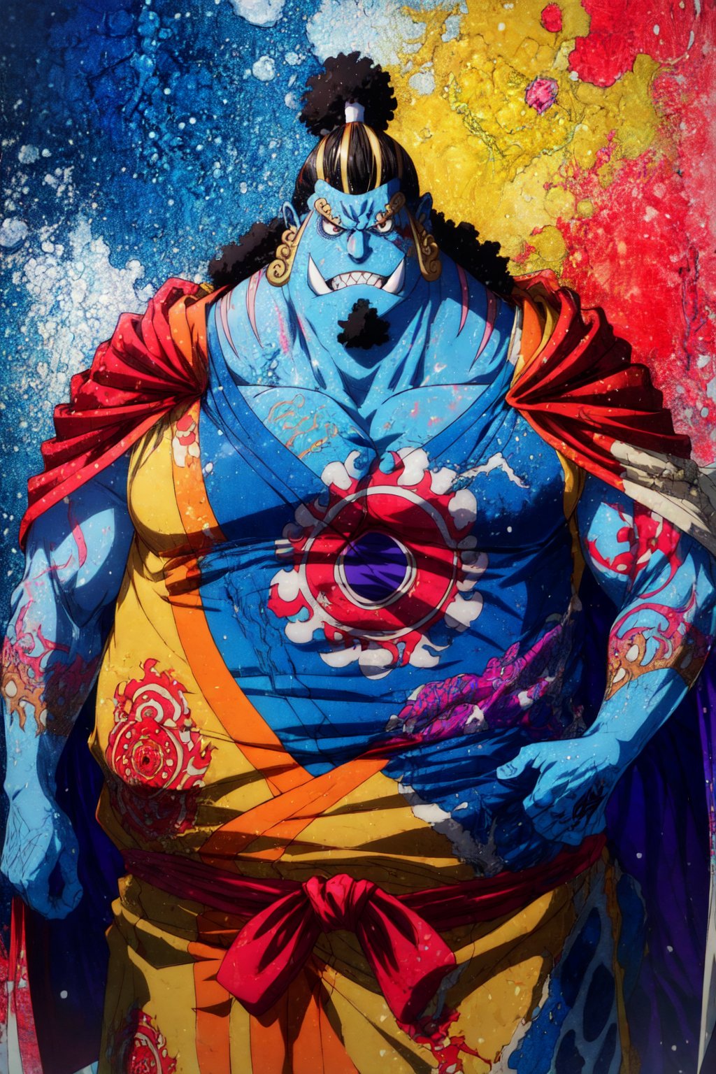 Jinbei, one piece, solo, male, fish, tattoo, scar, scruffy hair, tusks, looking at viewer, looking down, sleeveless kimono, musclegut, large veiny muscles