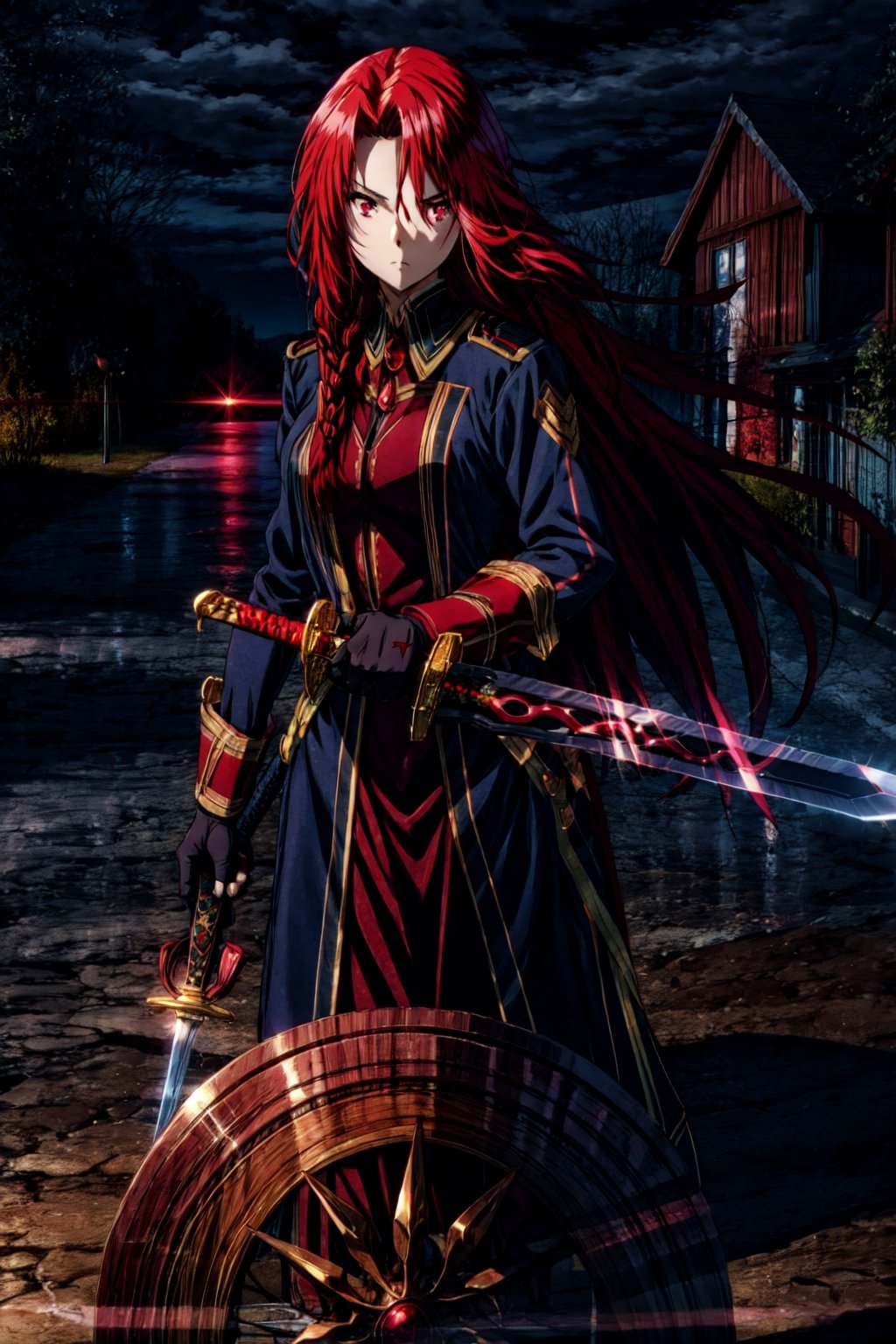 masterpiece, best quality, IrisMidgarV4, 1girl, solo, long hair, red eyes, braid, serious, red hair, holding, weapon, sword, holding weapon, night, standing in a wheel of fire,fate/stay background,perfecteyes