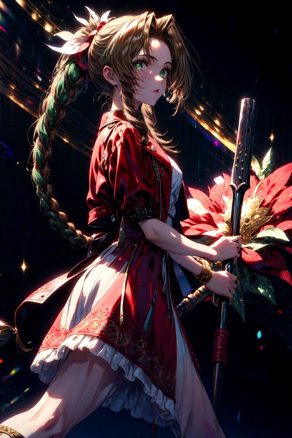 (best quality, masterpiece, colorful, highest detailed, Aerith Gainsborough), full body photo, fashion photography of double braid brunette (Aerith Gainsborough:1.3), striking clear detailed emerald green eyes, red jacket on top of long pink summer dress (high resolution textures), front view, looking at viewer, holding simple long metal double staff, action pose, bokeh, (intricate details, hyperdetailed:1.15), detailed, white background, (Final Fantasy VII official art, extreme detailed, highest detailed)