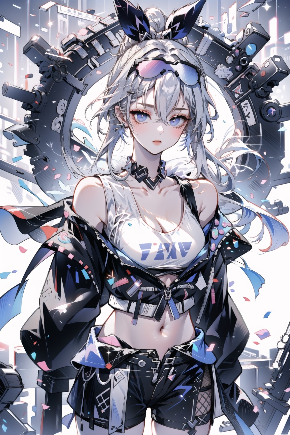 masterpiece, best quality, SilverwolfV5, 1girl, solo, looking at viewer, shirt, hair ornament, gloves, navel, cleavage, bare shoulders, jewelry, medium breasts, jacket, hair ribbon, white shirt, thighs, earrings, open clothes, shorts, sleeveless, choker, black gloves, hairclip, midriff, fingerless gloves, armpits, off shoulder, stomach, open jacket, crop top, sleeveless shirt, thigh strap, black shorts, sunglasses, fishnets, eyewear on head, open fly, micro shorts, bubble blowing, chewing gum, 