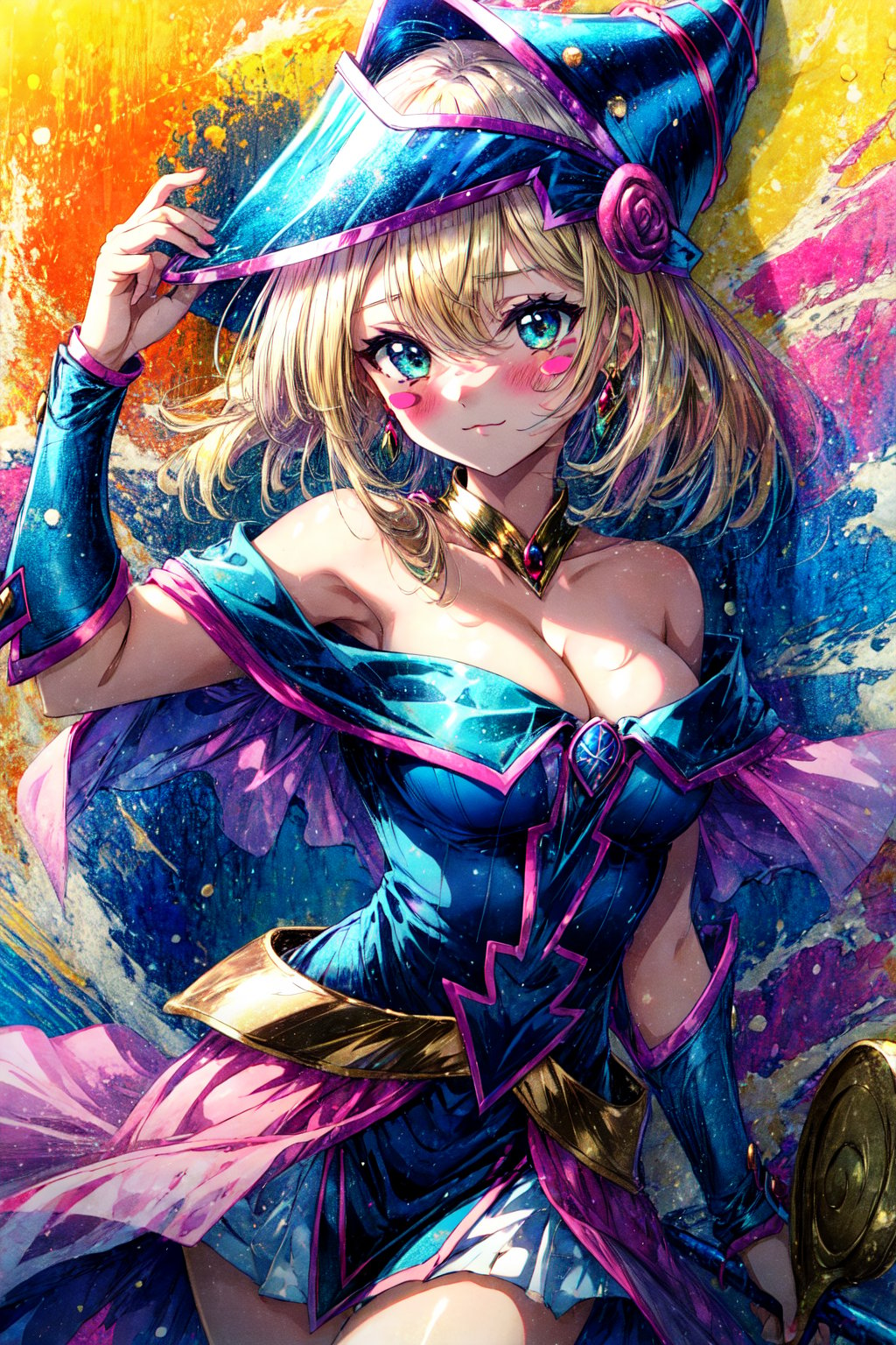 masterpiece, best quality, highres, hmdmg1, wizard hat, blush, blush stickers, cleavage, bare shoulders, dress, off shoulder, , cowboy shot, holding wand, :3,