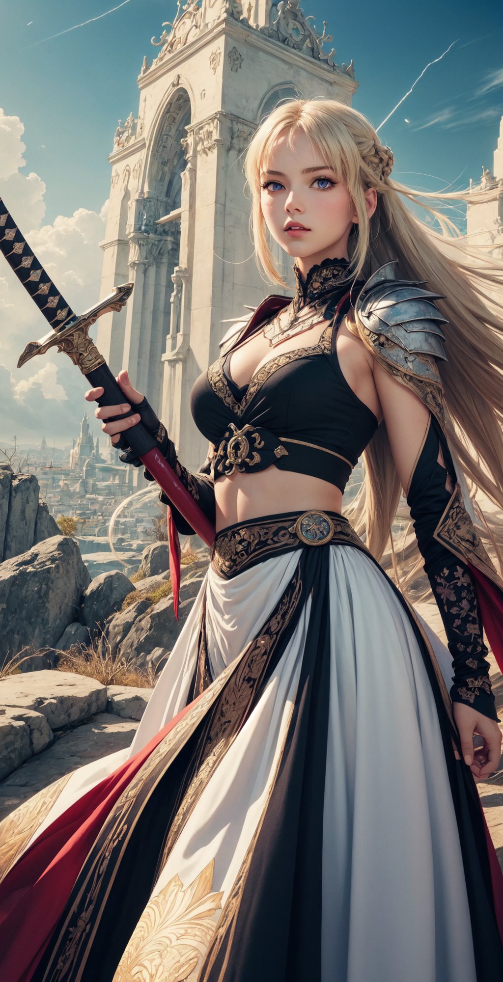 (masterpiece, top quality, best quality, official art, beautiful and aesthetic:1.2), (1girl), extreme detailed,(fractal art:1.3),colorful,highest detailed,zoomout,blonde girl,perfecteyes, background sky full thunder, holding_katana, wear fantasy armor,morgan le fay,sophitia