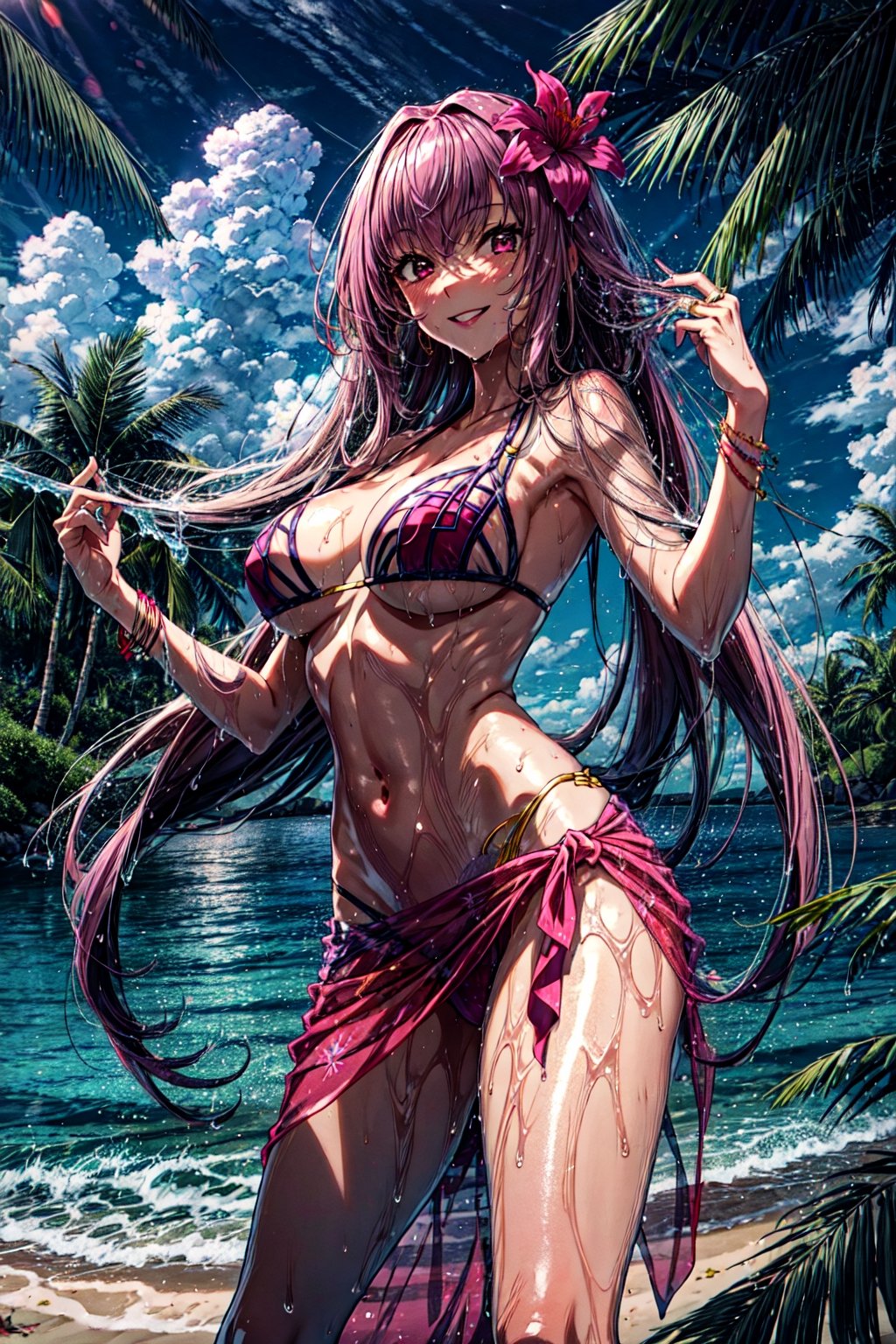 scathach, scathachBikini, masterpiece, best quality, absurdres, 1girl, standing, wet, navel, pink bikini, beach, hair flower, looking at viewer, smile, sarong