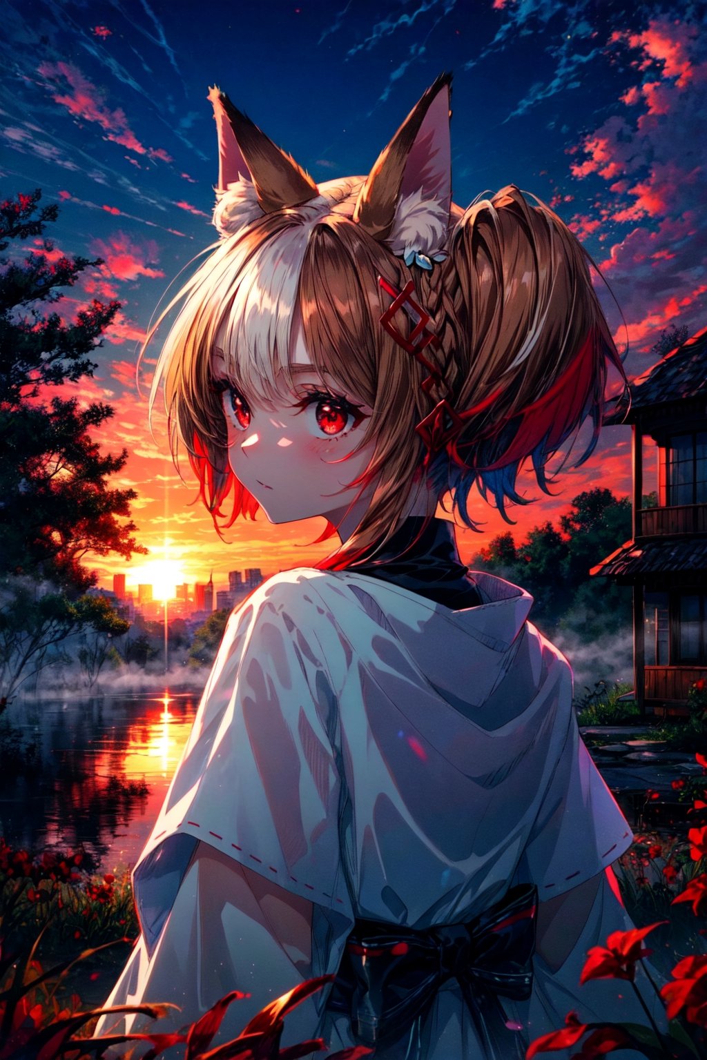 (Highest picture quality), (Master's work),(solo:1.2),backlighting,extremely delicate backgroud,white fog,animal ears ,1girl , fox ears ,bangs , red eyes , multicolored hair , twintails , animal ear fluff ,brown hair , hair ornament ,bell , dusk,sunset,building,cloudy sky,rim lighting, two tone lighting,acing viewer, 