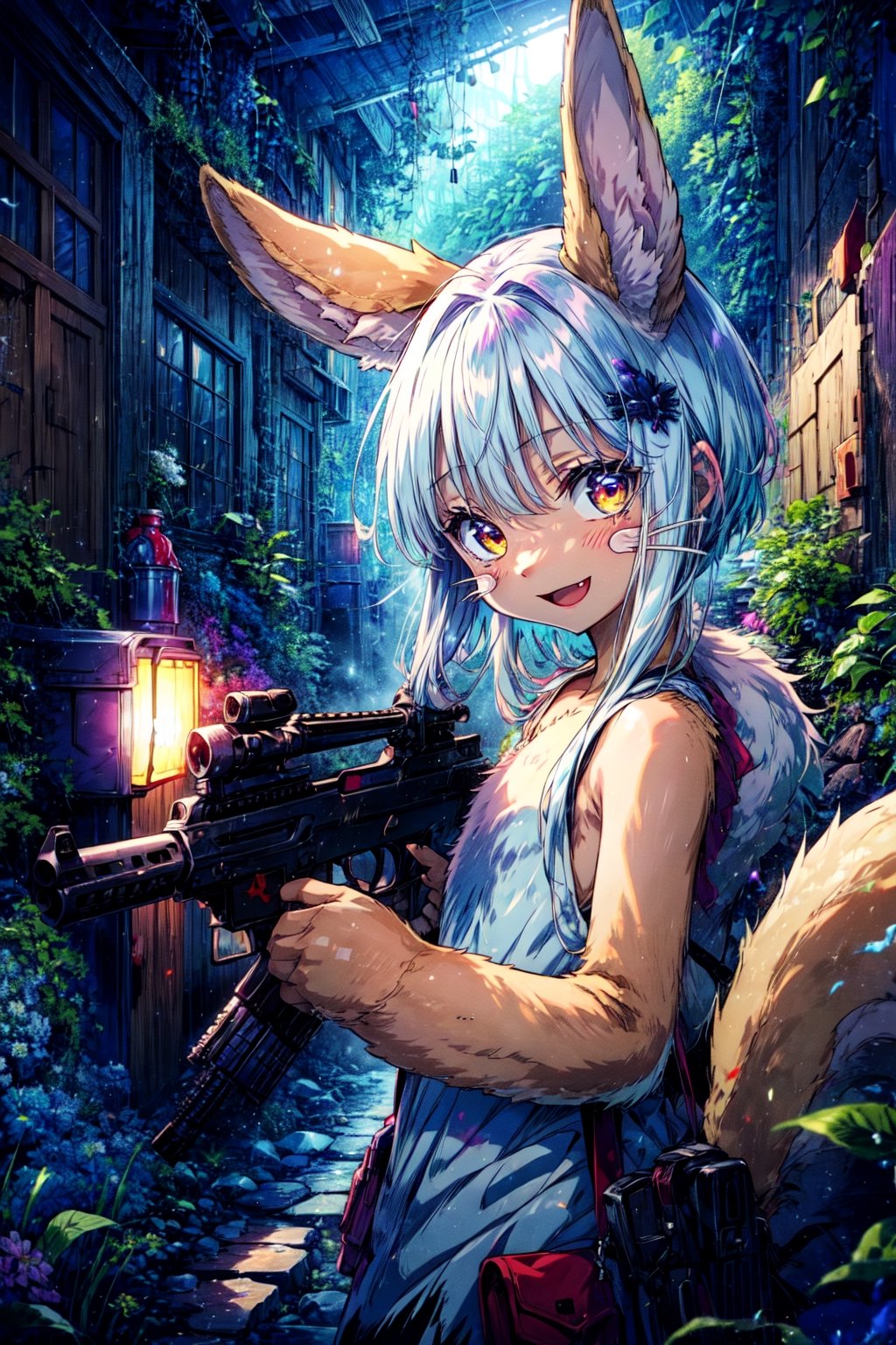 ((masterpiece, best quality, game cg)), alley, indoors, industrial pipe, air conditioner, dark lighting, garbage, garbage bin, face focus, portrait, avatar, fluffy, :D, cute, 1girl, solo, furry, (nanachi \(made in abyss\):1.3), looking at viewer, smile, forest background, tactical clothes, moonlight, blue glow, halo, gun, h&k hk416, carbine, holding weapon, assault rifle, aiming at viewer
