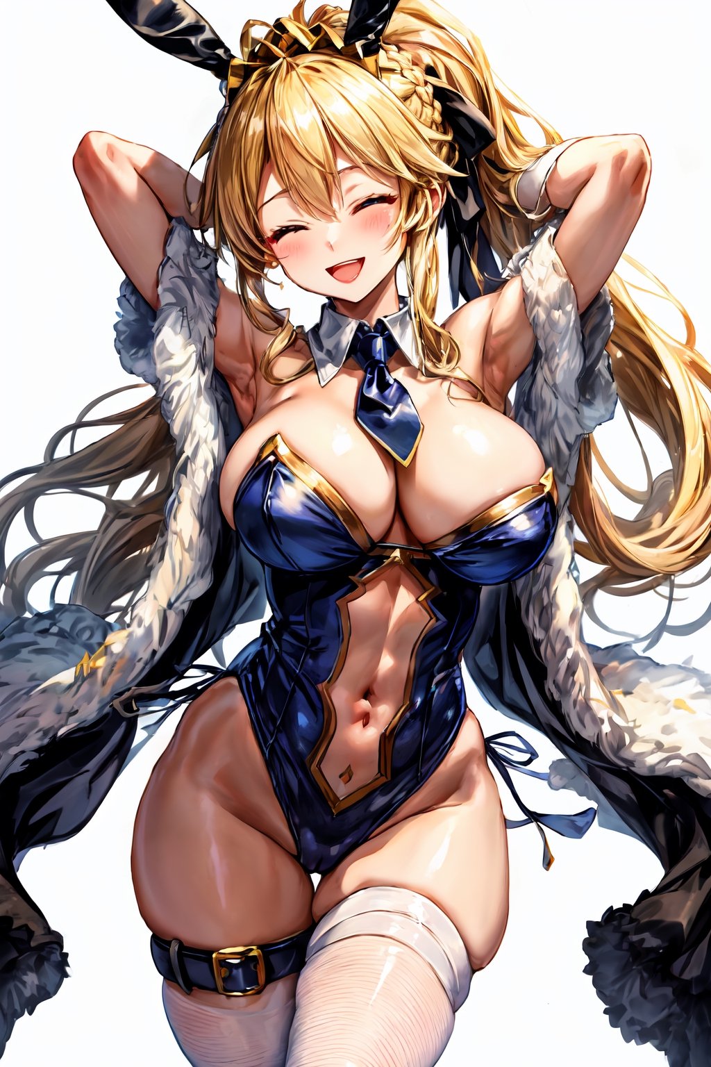 masterpiece, best quality, absurdres, soft lighting, looking at viewer, solo, smile, open mouth, wink, one eye closed,1girl, ahoge, rabbit ears, playboy bunny, artoria pendragon \(swimsuit ruler\) \(fate\), large breasts , blonde hair, green eyes, french braid, pony tailbare shoulders, large breasts , cleavage,clothing cut out, wrist cuffs, detached collar, navel cutout, feather boa,white leotard, blue necktie, blue pantyhose, single thigh strap, hands behind head,cowboy shot,white background,