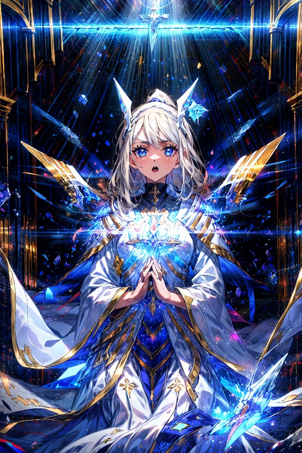 masterpiece,best quality,highres,1girl,,crystalized aura,beacon of light,in the confessional,blue eyes,praying,own hands together,church,white nun clothes,portrait,cowboy shot,holy light,silver hair ornaments,alternative2,evolved,looking at viewer,open mouth,questioning