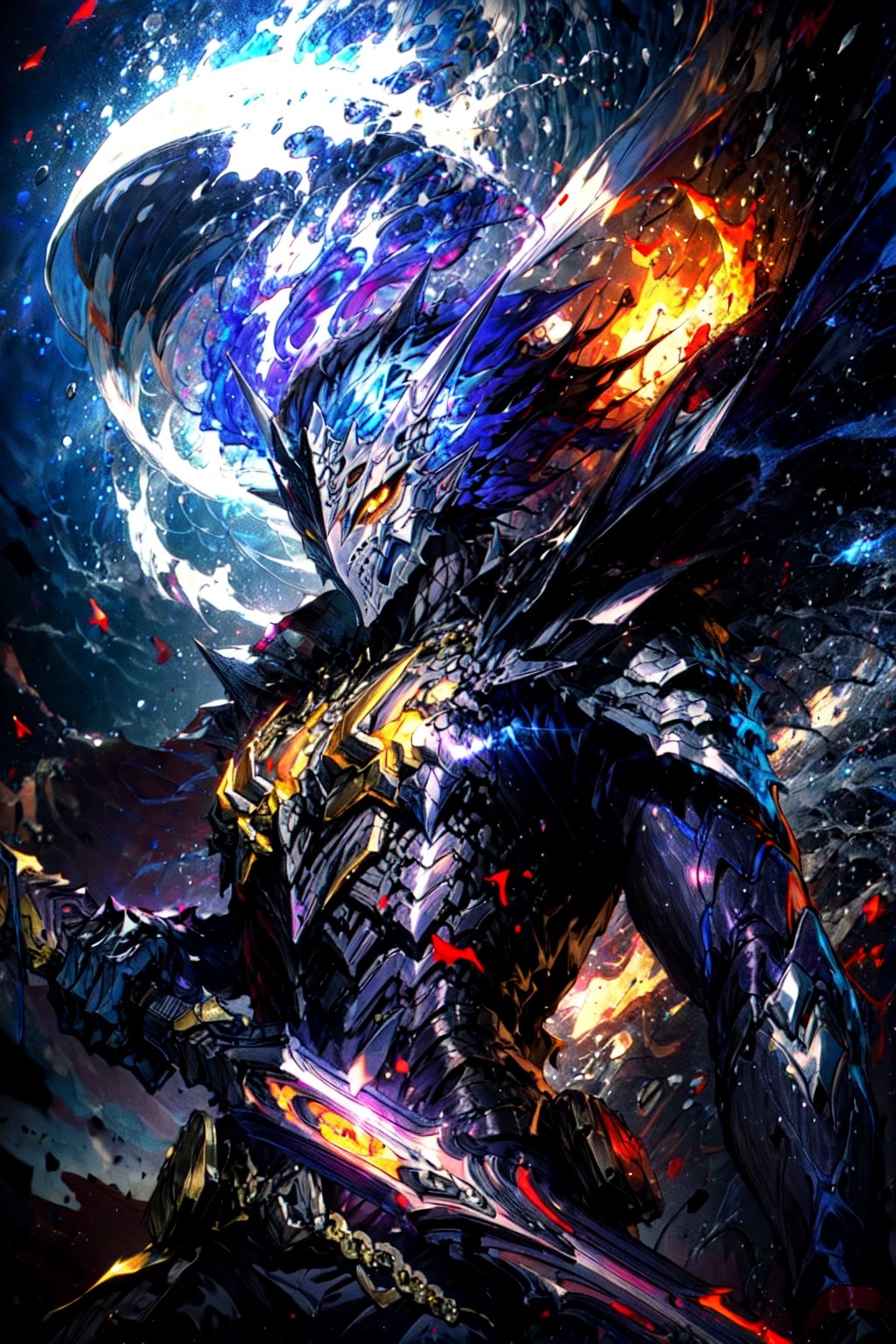 asterpiece,best quality,highres,cinematic lighting,dramatic angle,1boy,dark blue armor,maskedform,helmet,blue fire,holding flaming sword,looking at viewer,,spikes,fangs,glowing yellow eyes,showing strength,ghost,souls,action pose,dynamic pose,dynamic angle,spikes,dark flame,extremeley detailed,grab pose,,weapon over shoulder,