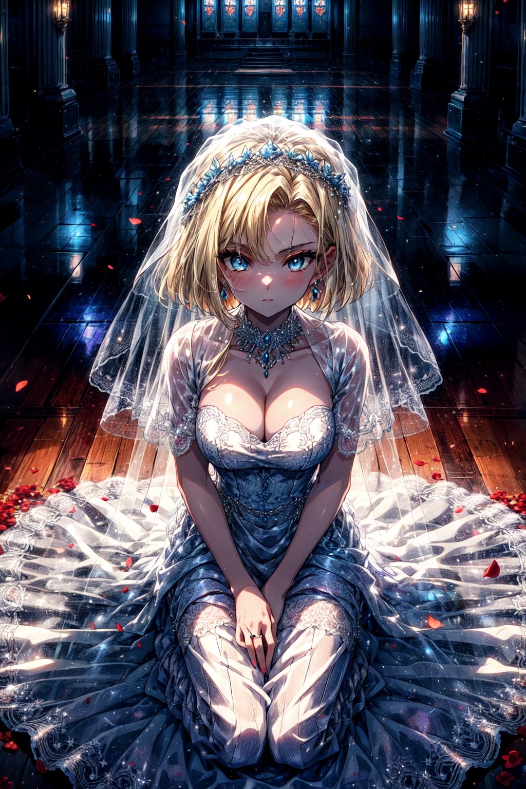 android18, 1girl, solo, breasts, looking_at_viewer, short_hair, blue_eyes, blonde_hair, cleavage, jewelry, medium_breasts, bride, veil, closed_mouth, long_dress, kneeling, from_above, wedding_dress,