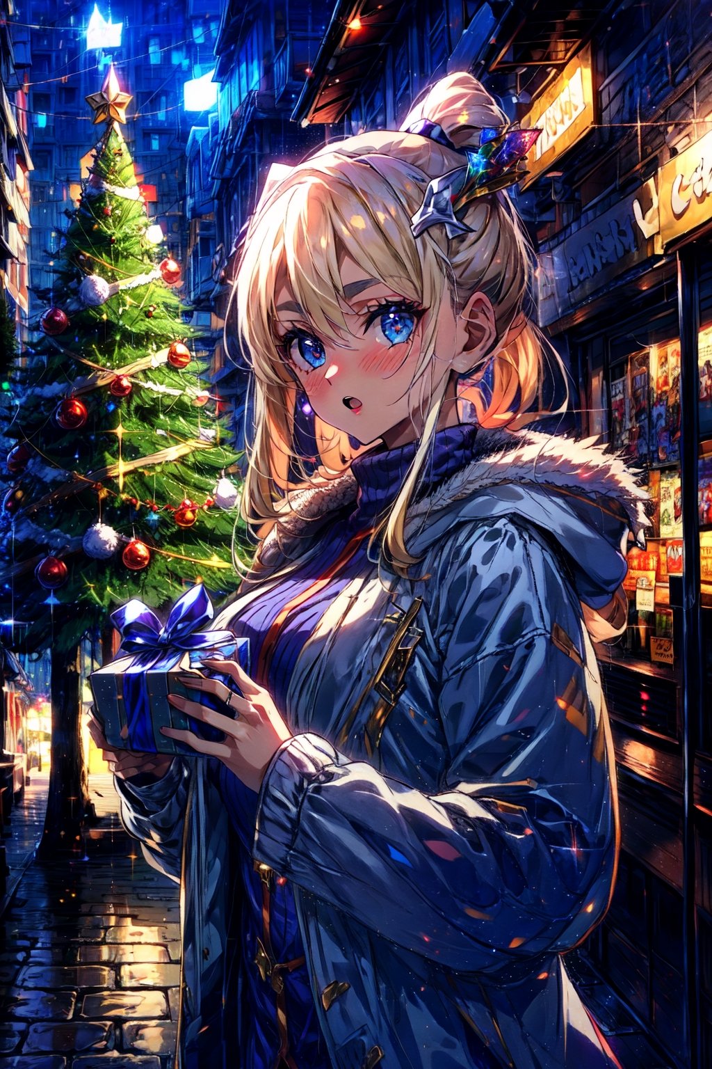 masterpiece,best quality,highres,1girl, ,streetscape,christmas,christmas tree,christmas eve,both hands holding giftbox,evolved,alternative2,hair ornaments,scraft,thick sweater,thick coat,deep blue jeans,fur trim,looking at viewer,:o,happy,portrait,(depth of field:1.4),matured female,blush,shy