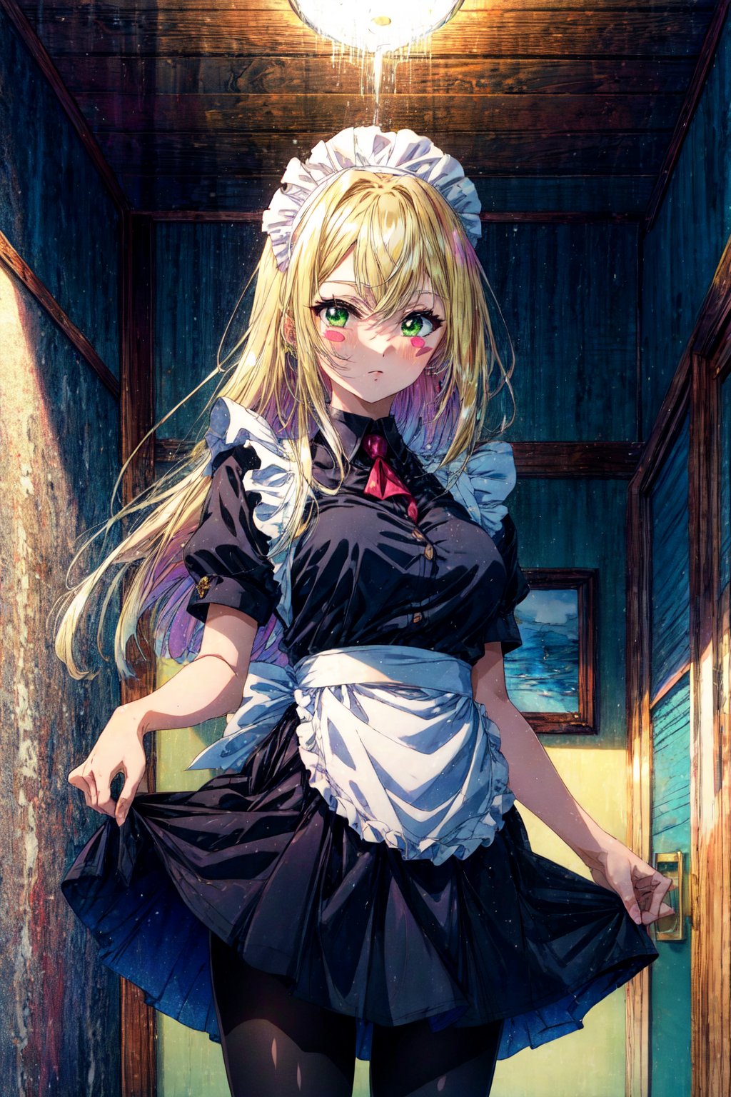 score_9, score_8_up, score_7_up, score_6_up, score_5_up, score_4_up, source_anime, aadmg, long hair, blonde hair, green eyes, blush stickers, breasts, , maid, skirt hold, black pantyhose, indoors, standing, cowboy shot,