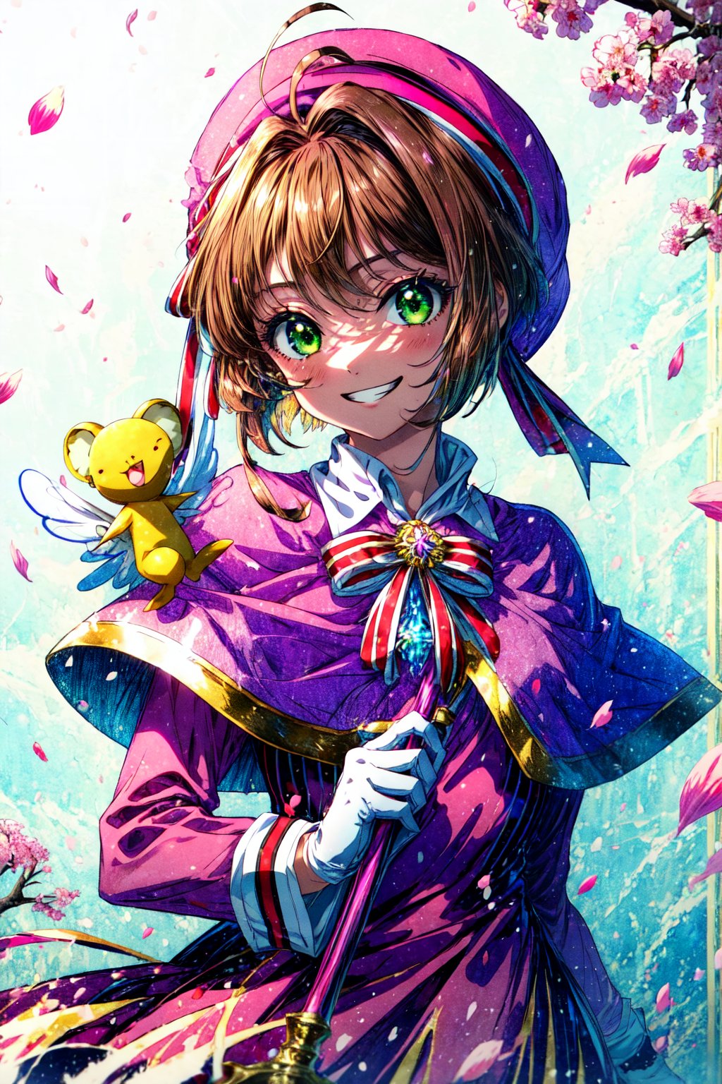 masterpiece, best quality, highres, kinomoto sakura, 1girl, brown hair, short hair, antenna hair, pink headwear, green eyes, capelet, pink dress, striped ribbon, long sleeves, white gloves, , holding staff, kero, evil grin,