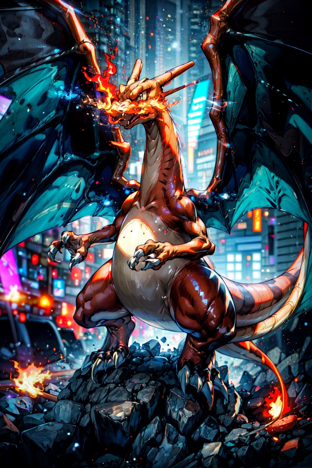 ((masterpiece,best quality)), absurdres, centered, award winning photo, (looking at viewer:1.2), | Charizard_Pokemon, flame-tipped tail, wings, |lava, | bokeh, depth of field, cinematic composition,