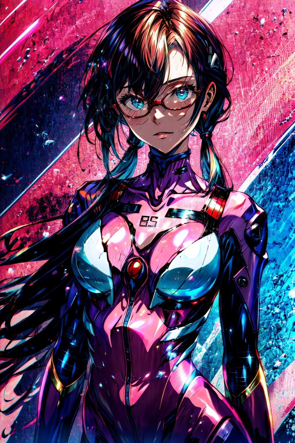 (masterpiece, best quality), 1girl,  makinami_mari_illustrious, glasses, plugsuit, bodysuit, red-framed eyewear, pink bodysuit