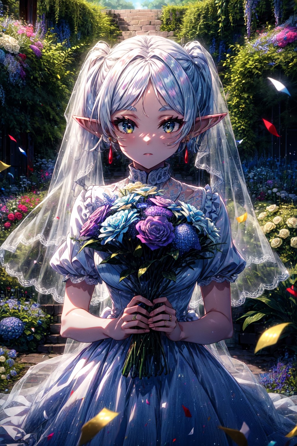 masterpiece, best quality, highres, aafrie, long hair, white hair, twintails, pointy ears, earrings, thick eyebrows, , wedding dress, white dress, garden, holding bouquet, confetti,