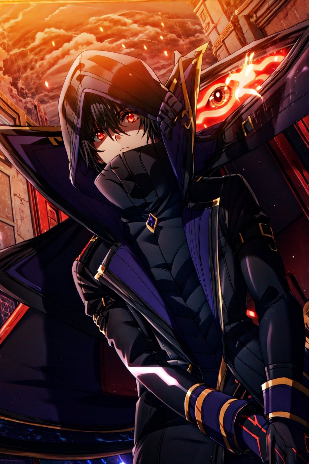 (masterpiece), high quality, highly detailed background, 1boy, solo, , ChopioKagenou, short hair, black hair, hair between eyes, hooded cloak, black coat, trench coat, black gloves, black pants, red eyes, glowing eyes, looking to the side, from side, dutch angle, from below,