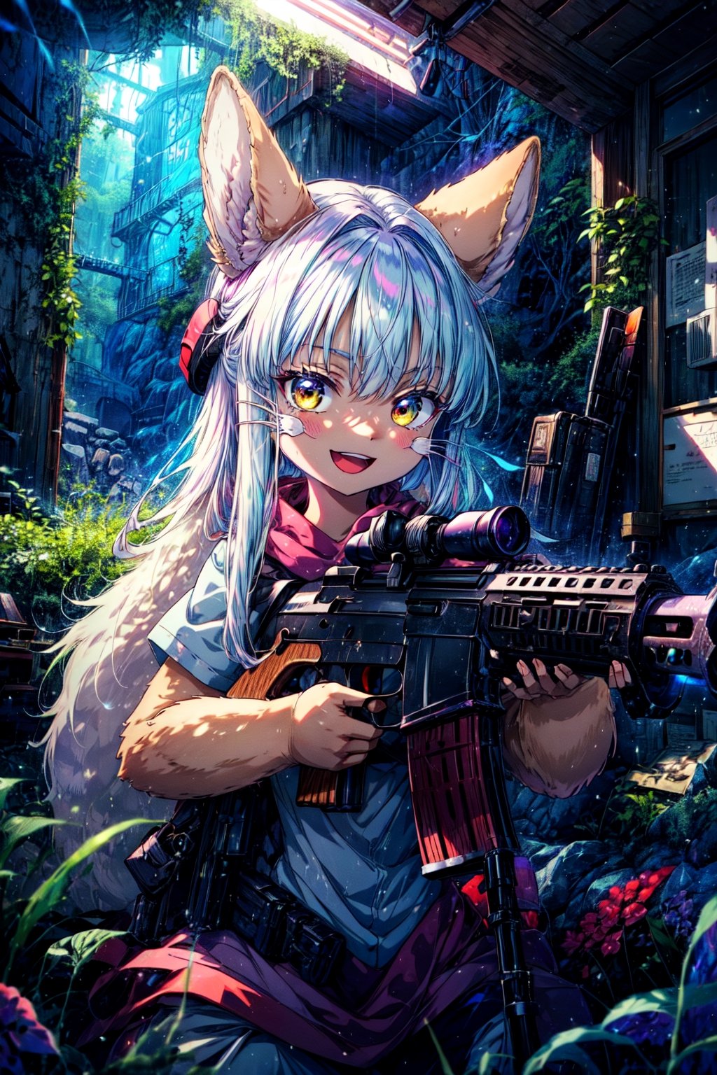 ((masterpiece, best quality, game cg)), alley, indoors, industrial pipe, air conditioner, dark lighting, garbage, garbage bin, face focus, portrait, avatar, fluffy, :D, cute, 1girl, solo, furry, (nanachi \(made in abyss\):1.3), looking at viewer, smile, forest background, tactical clothes, moonlight, blue glow, halo, gun, h&k hk416, carbine, holding weapon, assault rifle, aiming at viewer